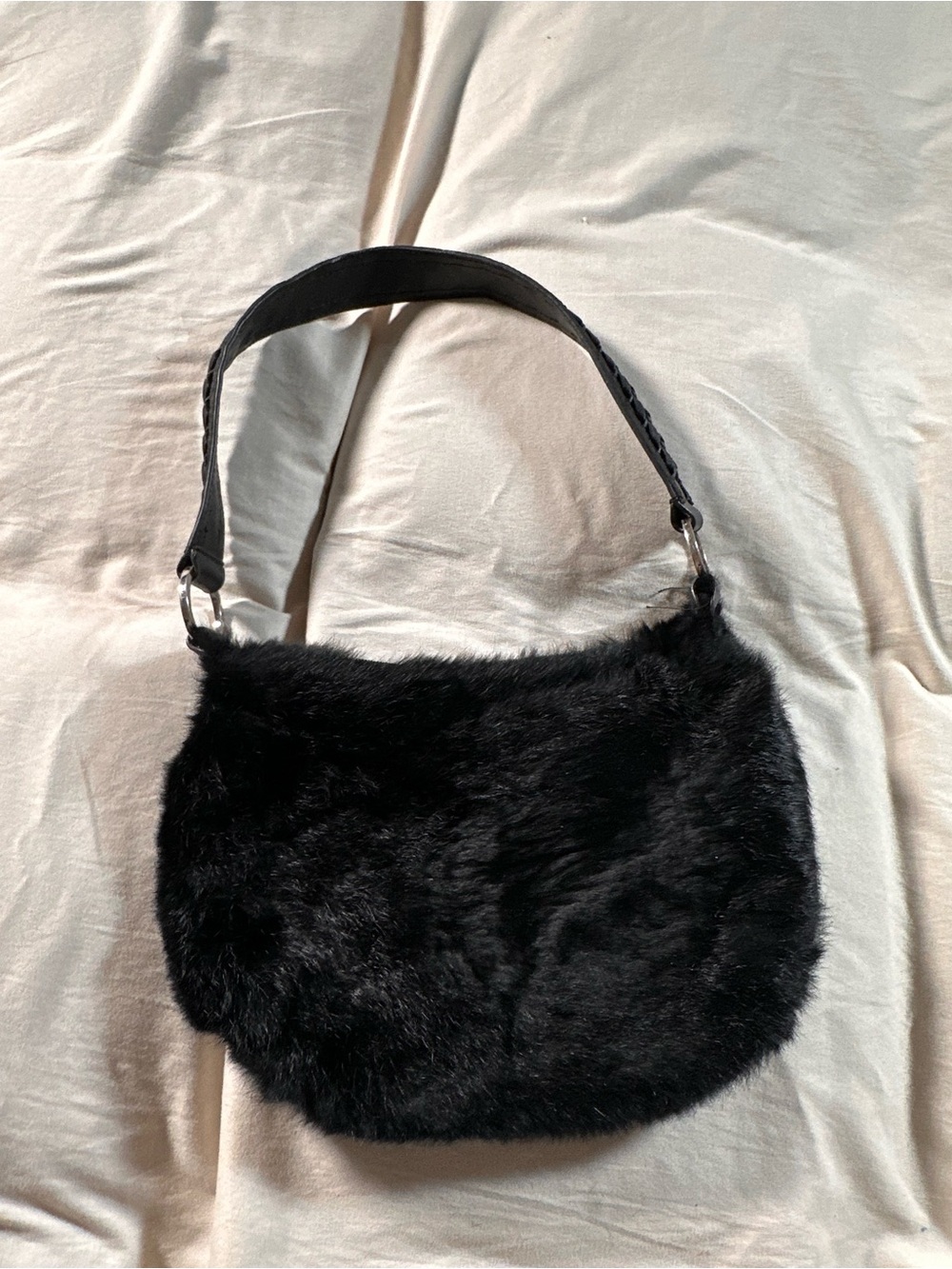 Express Black Genuine Rabbit Fur Small Retro Chic Boho Purse Handbag Y2K Grunge